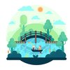 Zeichnung vn einer Brücke unter der ein Paar rudert