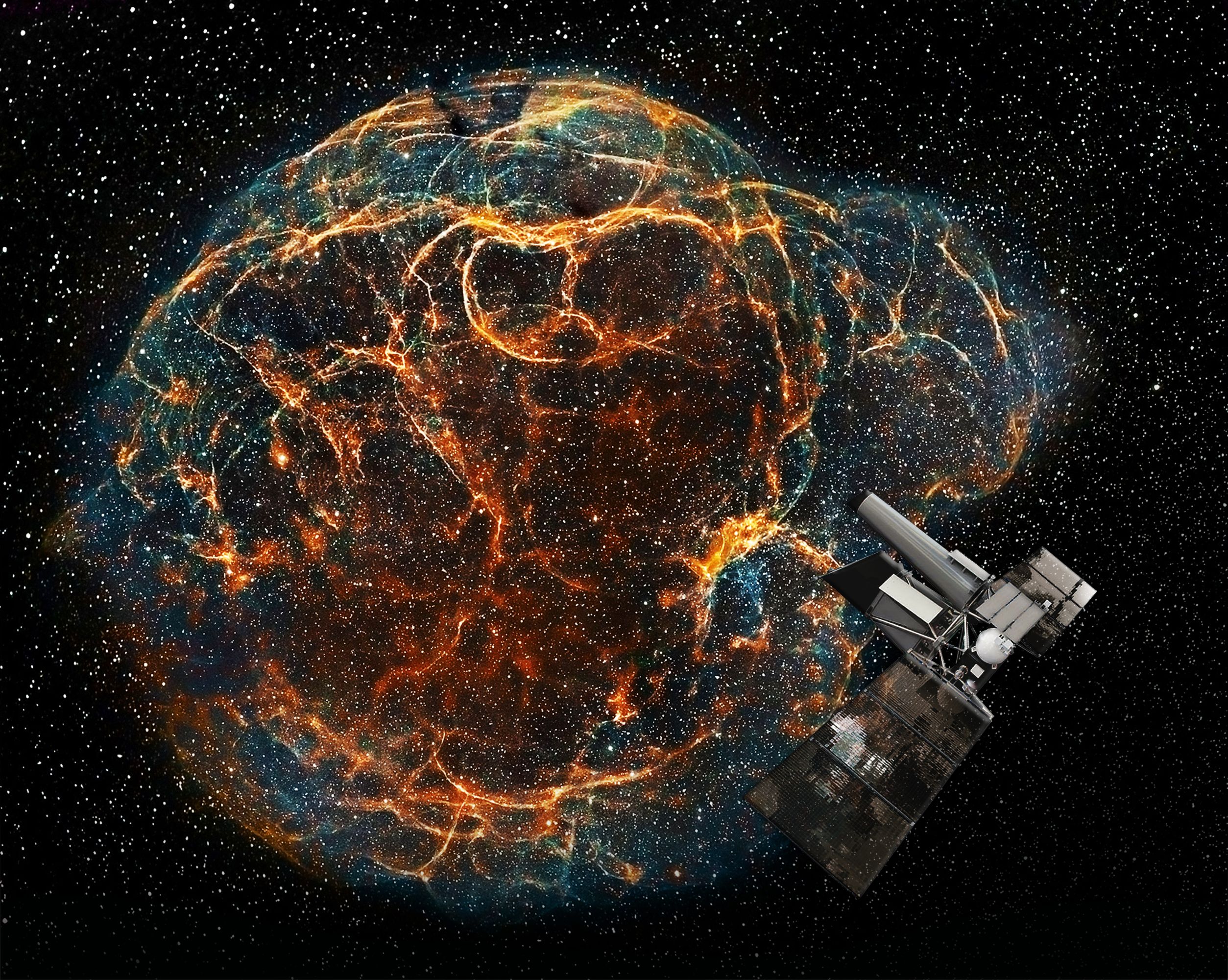 Das eROSITA Röntgenteleskop an Bord des Satellitenobservatoriums Spektrum-Röntgen-Gamma (SRG) (c) MPE